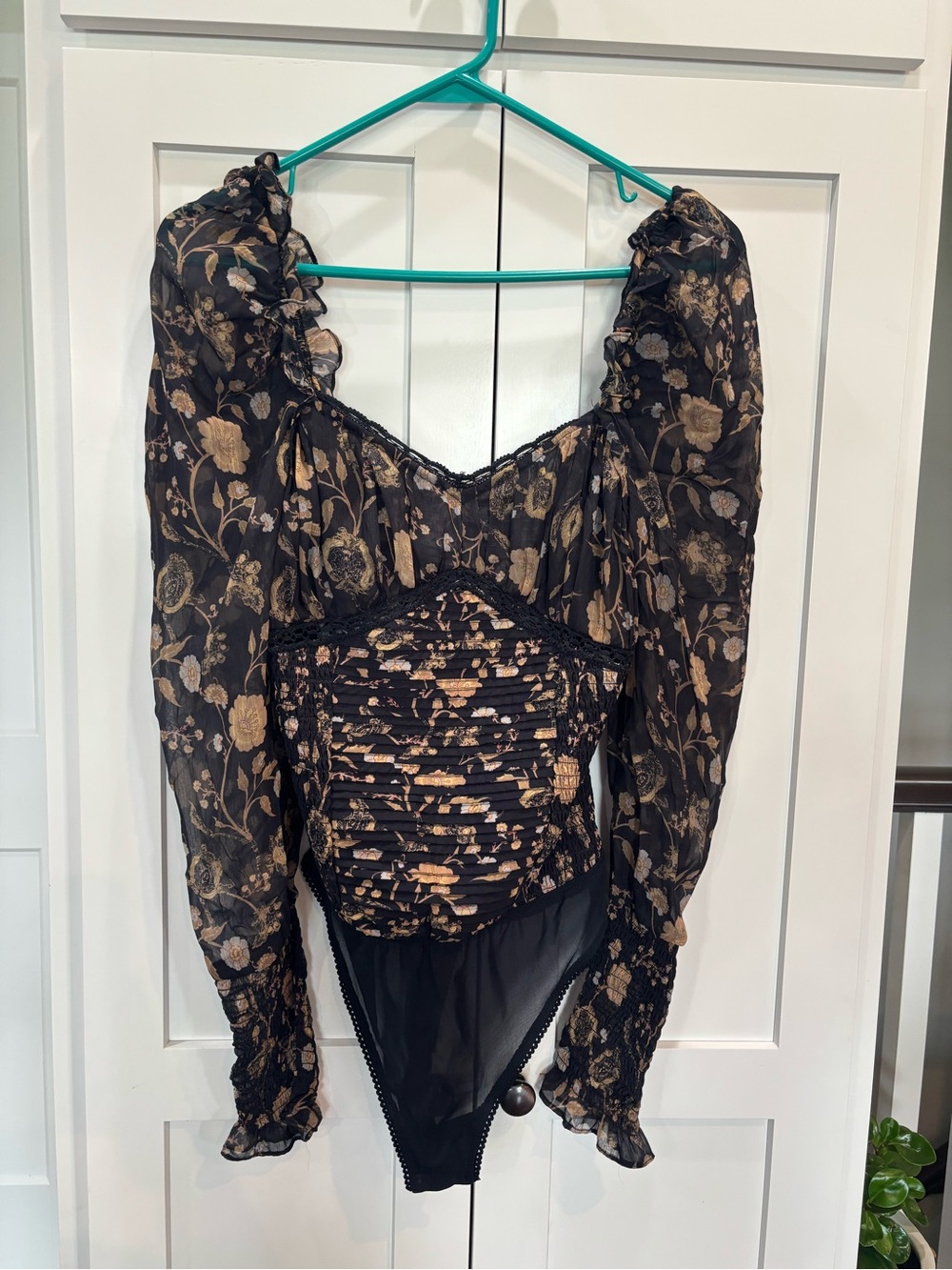 Free People Black Bodysuit with Gold Floral Print